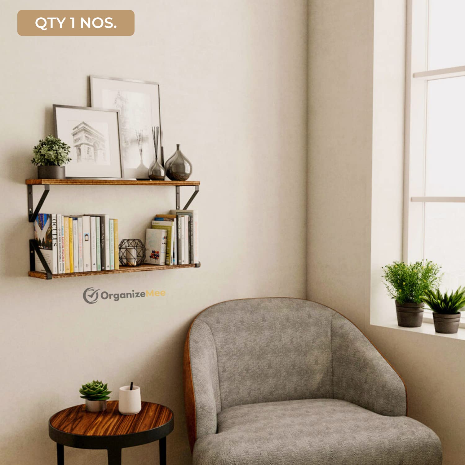 OrganizeMee Wooden Decorative Corner Shelves for Living Room,Best Floating Shelf for wall, with Metal Brackets Suitable for Kitchen, Living Room, Bedroom wall Decor (24" x 4.5" Walnut Brown Set of 1) 2
