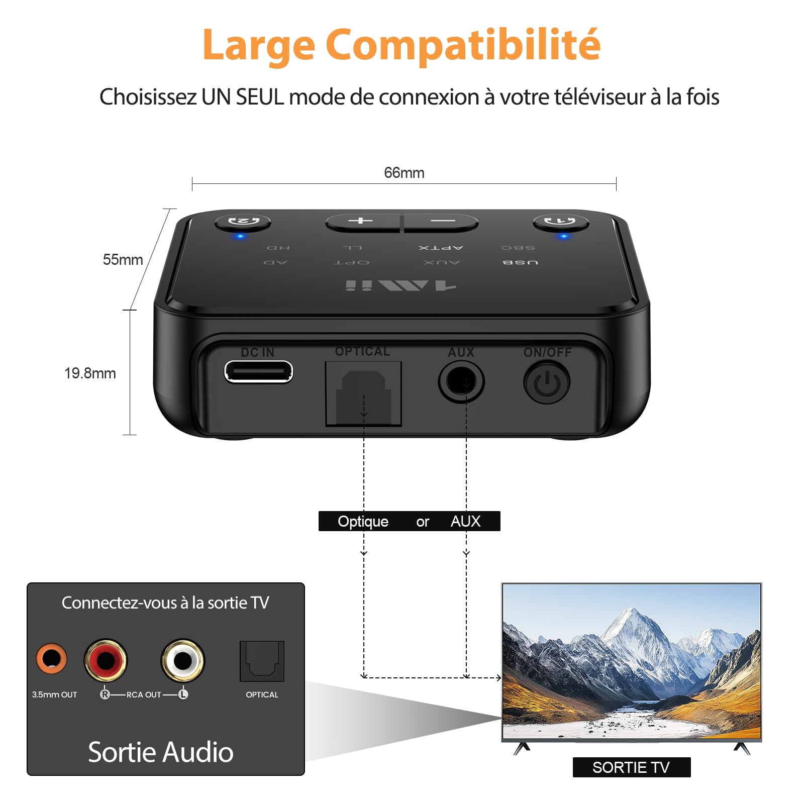 1Mii B06T6 Émetteur Bluetooth 5.3 pour TV vers 2 Casques sans Fil, aptX Adaptive & Faible Latence, Transmetteur Adaptateur Bluetooth, Double Connexion, Contrôle du Volume, Optique/USB/AUX/RCA