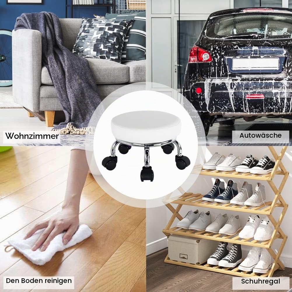 WKWKER Rollsitz PU Leder Low Round Rollhocker Kleiner Hocker mit Universal Drehrollen Rollen für Home Office Garage Shop Fitness Sport, H: 21.8cm (Weiß)