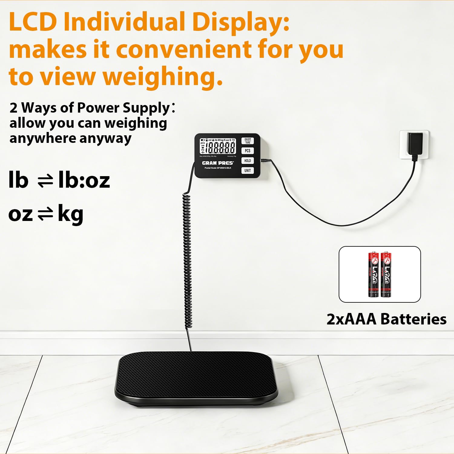 GRAM PRES Báscula de envíos digital de 200 kg/10 g con pantalla LCD, funciones de retención/tara/piezas para paquetes/equipaje/oficina de correos/perro, batería y cable USB incluidos
