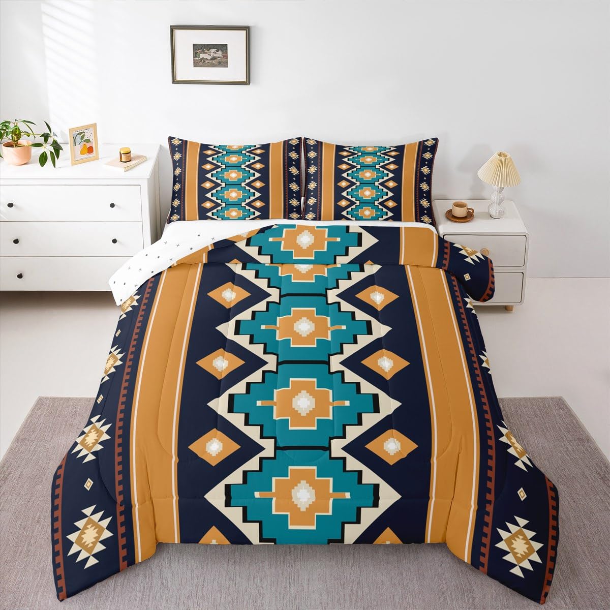 Feelyou Boho Aztec Bedding Set Soft for Boys Girls, West Comforter Set Twin Size Blue Teel Duvet Quilt Microfiber Western Bedroom Decor 2 Pcs with 1 Pillow Cases