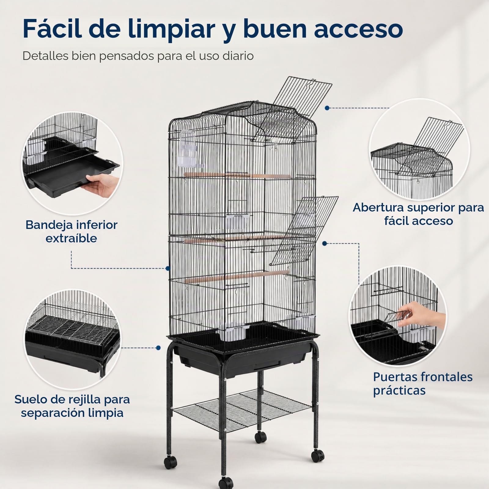 Jaula Grande para pájaros con Ruedas 47 x 37 x 137,5 cm para Loros | Hierro pulverizado, puerta con cierre, barrotes de 1,3 cm, bandeja extraíble, 4 comederos, bebedero, estante inferior