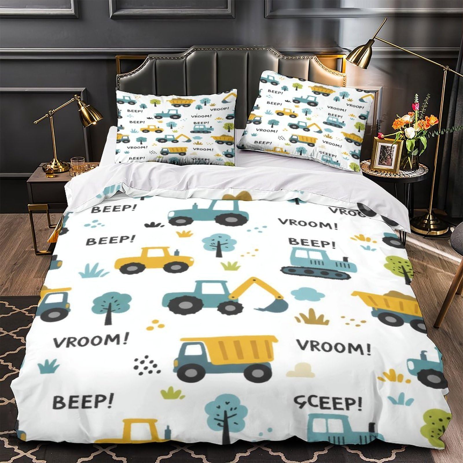 Parure de lit engins de chantier 220x240 cm en microfibre avec 2 taies