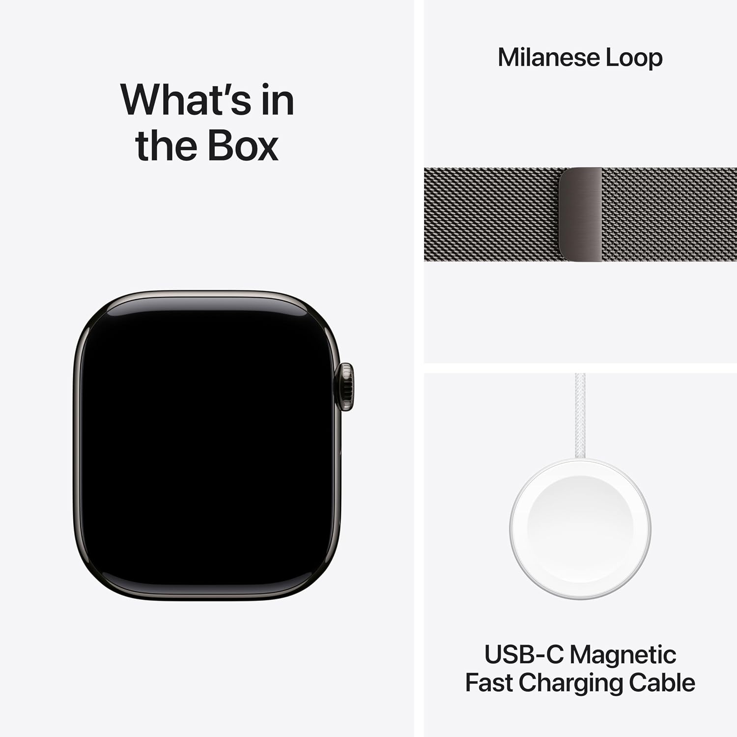 Contents of Apple Watch Series 11 box: watch case, Milanese Loop band, and USB-C magnetic charging cable.