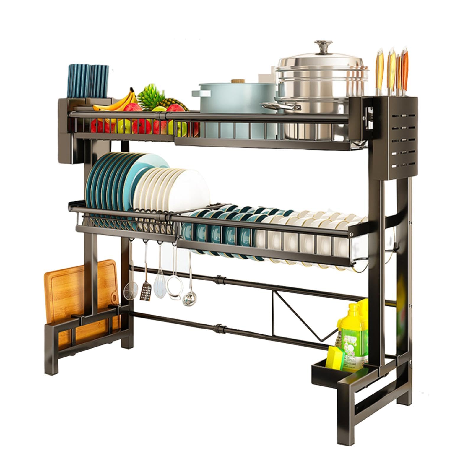 Escurridor de platos para encimera de cocina, escurridor de platos en | fregadero,Escurridor de platos retráctil de 2 niveles | Estante de fregadero de cocina de acero inoxidable, soporte de