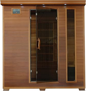 HeatWave SA1318 Klondike 4 Person Cedar Infrared Sauna with 7 Carbon Heaters Bronze Tinted Tempered Glass Door Oxygen Ionizer EZTouch Cortrol Panel CHROMOTHERAPY System and Sound