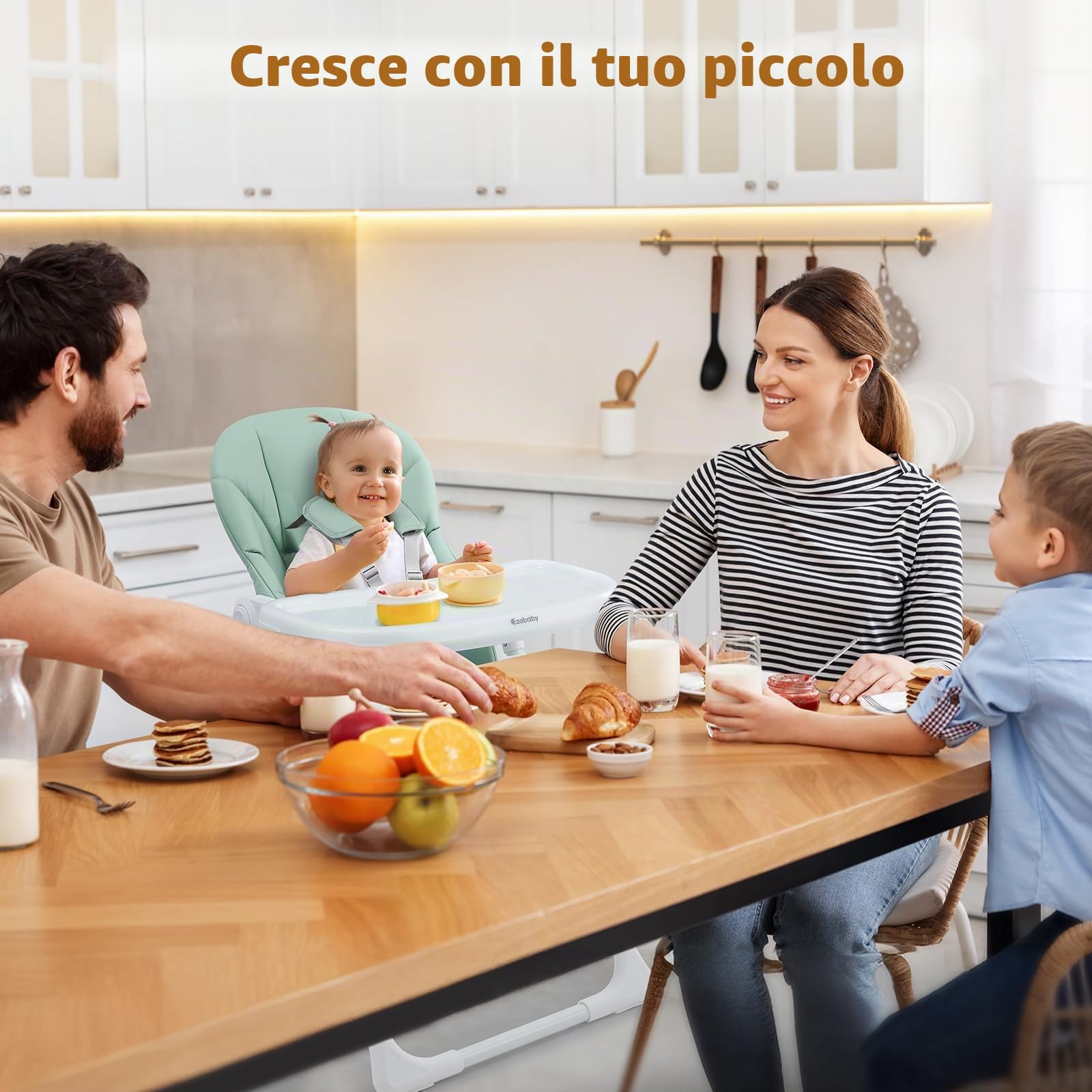 Ezebaby Seggiolone Bambini Ergonomico, Confortevole, Reclinabile, Pieghevole, con Altezza Regolabile e Poggiapiedi, Vassoio Staccabile con Ruote e Cintura di Sicurezza a 5 Punti Verde | 7 altezze, schienale reclinabile, doppio vassoio, cintura a 5 punti,