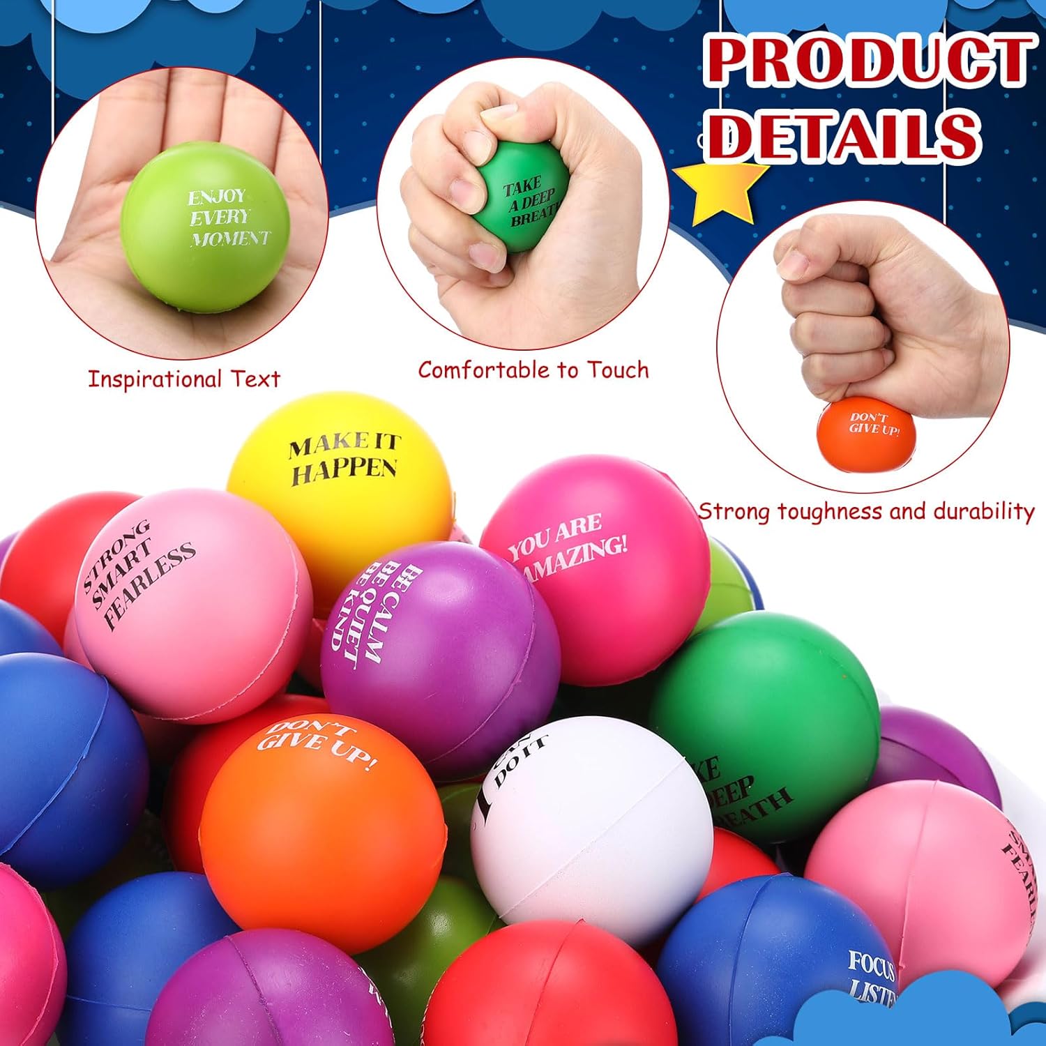 Jenaai 250 Pcs Motivational Stress Balls Bulk with Quote Inspirational Funny Colorful Foam Balls Hand Exercise Easter Gifts for Adults Relieve Anxiety Party Supplies(Colorful,Round)