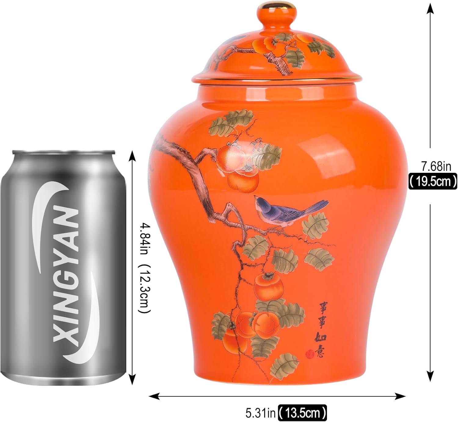 Chinese Ginger Jar with Lid Chinoiserie Antique Style,Home Decorative Retro Blue and White Porcelain Flowers Ceramic Covered Jar Vase,Traditional China Ming and Qing Style (Orange Jar)