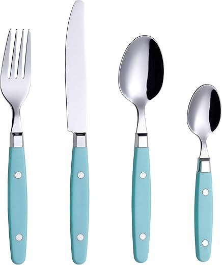 EXZACT Besteckset 24-teilig Edelstahl – mit Niet-Bastelgriffen/Besteck im Retro-Stil – 6 x Essgabeln, 6 x Essmesser, 6 x Esslöffel, 6 x Teelöffel – 6 (Türkis)