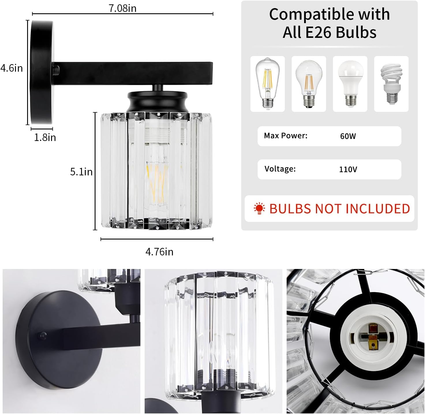 TISLYCO Black Wall Sconces Set of 2, Bathroom Wall Lighting Fixtures Over Mirror, Vanity Light, Modern Glass Shade Wall Lamp Black Indoor Decor for Bedroom Living Room Entryway