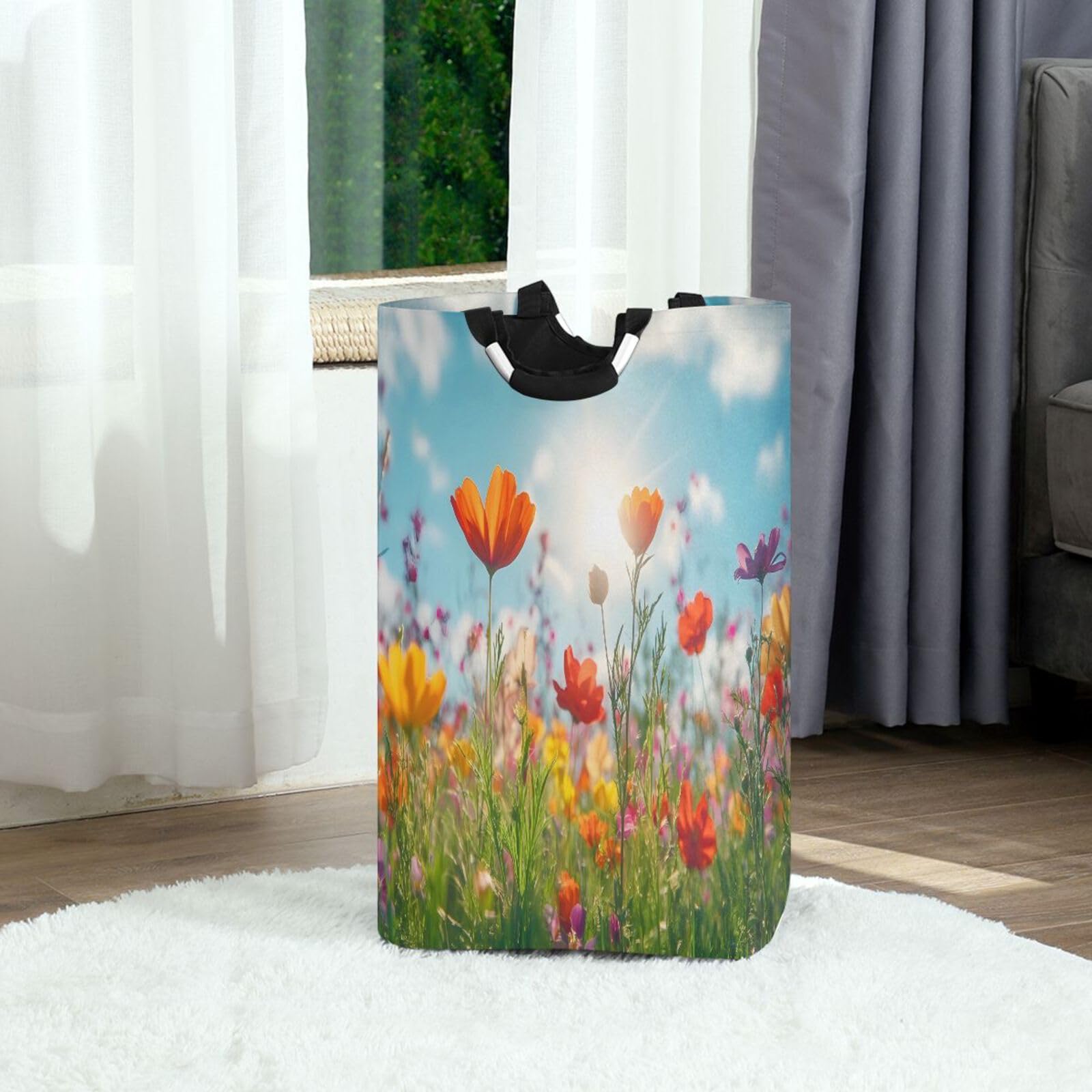 Jihqo Laundry Hamper Basket Spring Flowers Collapsible Nursery Storage Bin Waterproof Clothing Baskets for Home Bedroom Bathroom Washing Room