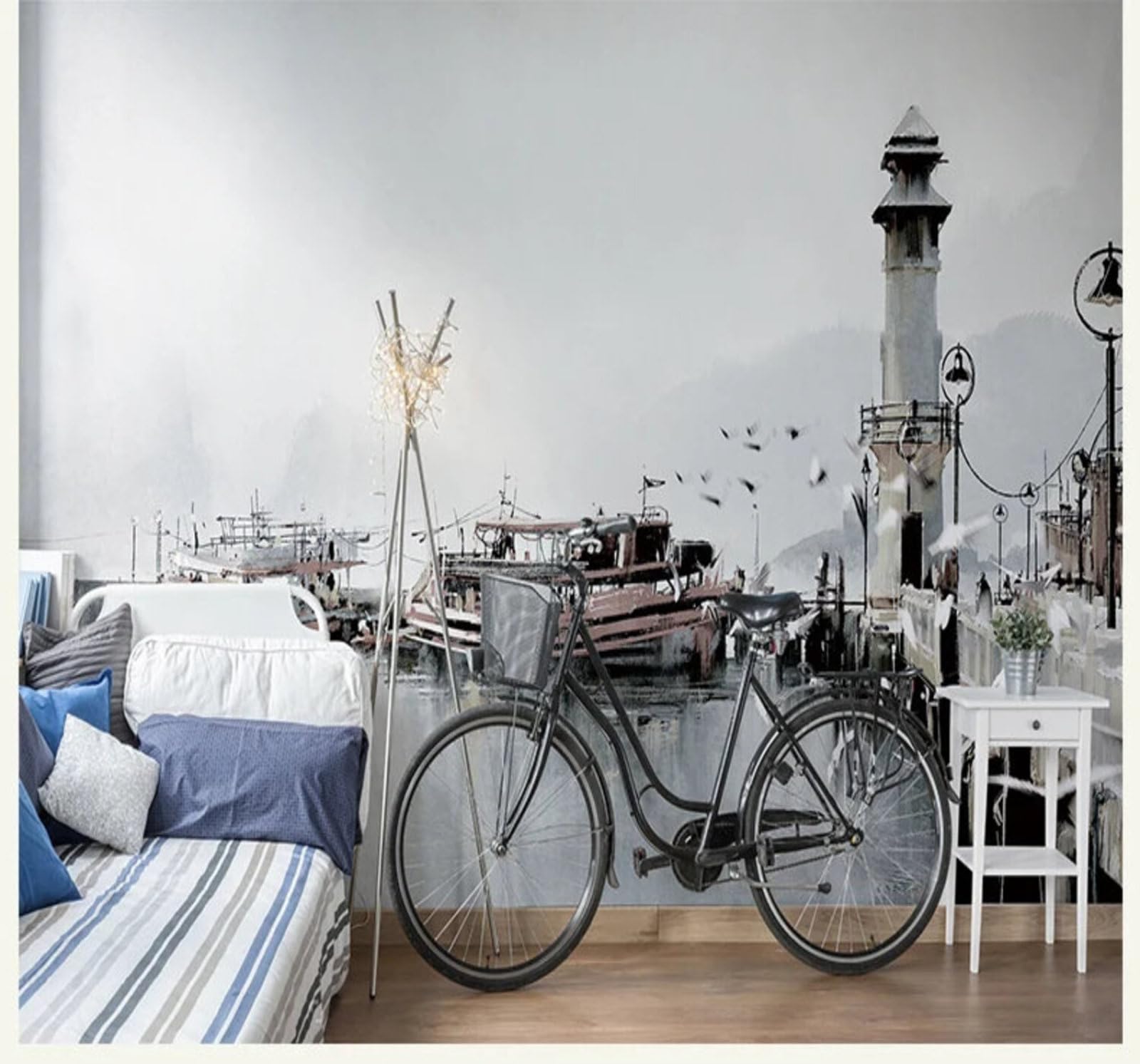 Xlming 400Cm×280Cm(B×H) Vintage Hand Drawn Pier Lighthouse Small Boat 3D Wallpaper Silky Texture Home Study Office Grey Dining Room Sofa Bedroom Living Room Tv Backdrop-400Cm×280Cm