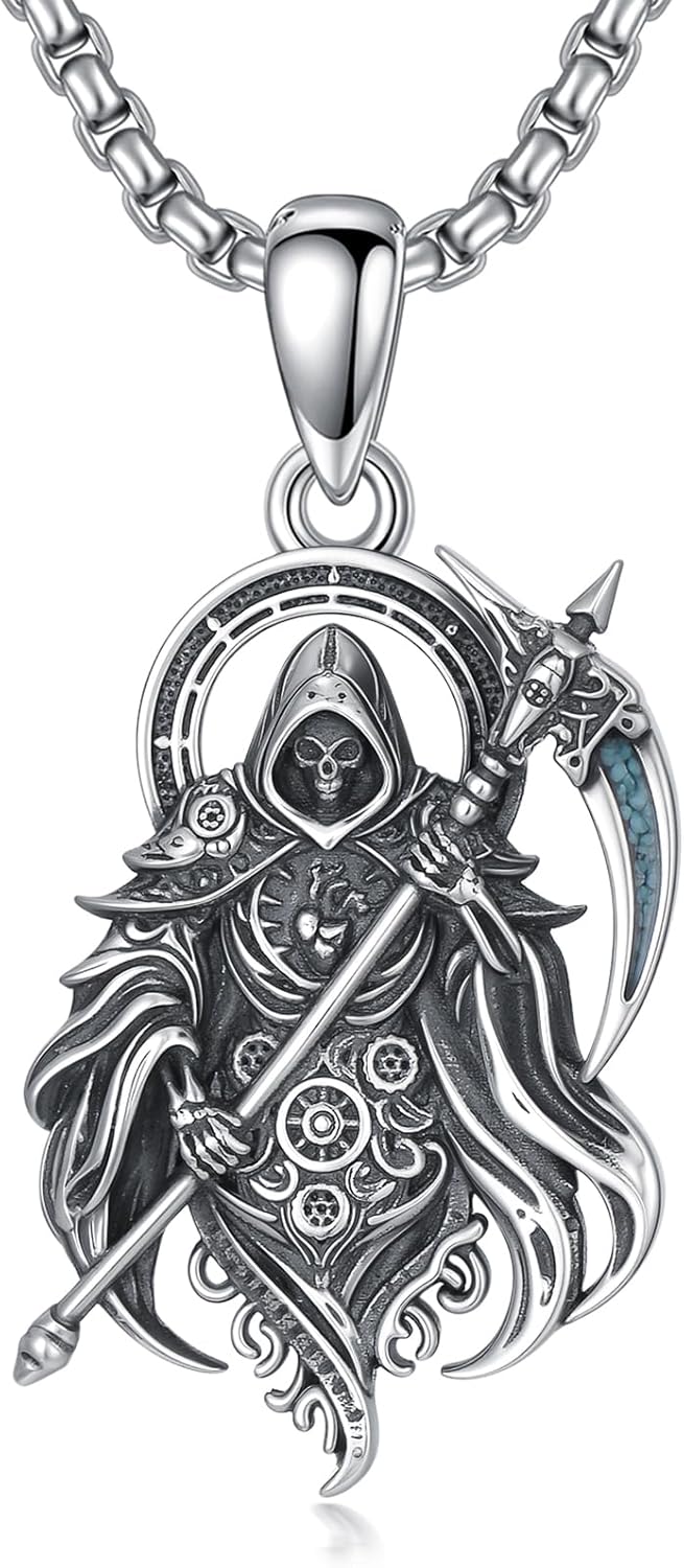 PELOVNY Santa Muerte Necklace 925 Sterling Silver Saint Holy Death Grim Reaper Necklace Halloween Jewelry Christmas Birthday Gifts for Men Women