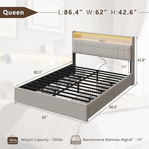 Miniatura 2 de Forestell Base de cama Queen con 4 cajones y cabecera de almacenamiento, base de cama tapizada tamaño Queen con luces LED y estación de carga,