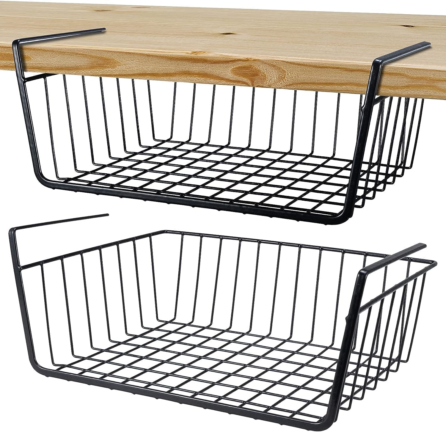 ECVV2Pcs Kitchen Under Shelf Storage Basket Large Lightweight Metal Organizer Rack 40 X 26 X 14 cm (Black)