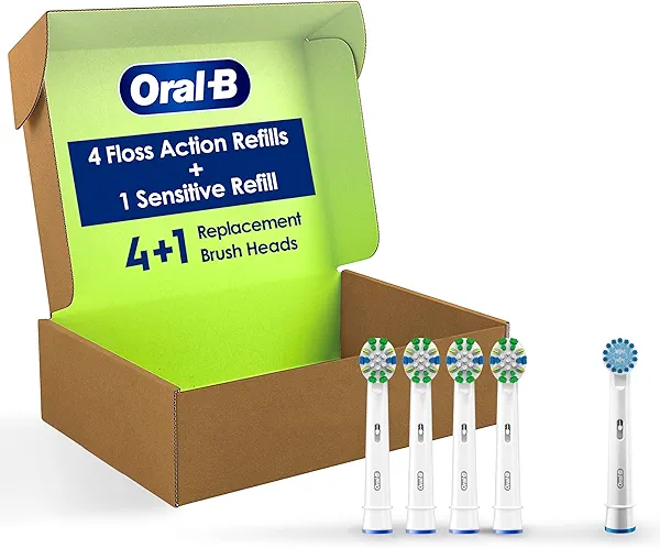Oral-B FlossAction Electric Toothbrush Replacement Brush Heads, White, 4 Count + 1 Sensitive White