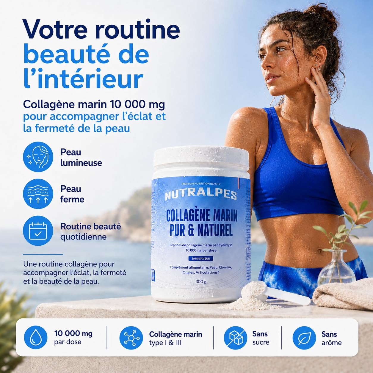 Collagène Marin Poudre 10 000 mg | Beauté & Récupération | Peptides Hydrolysés Type I & III | Sans Saveur Sans Sucre | 300 g Cure 30 Jours | Fabriqué en France