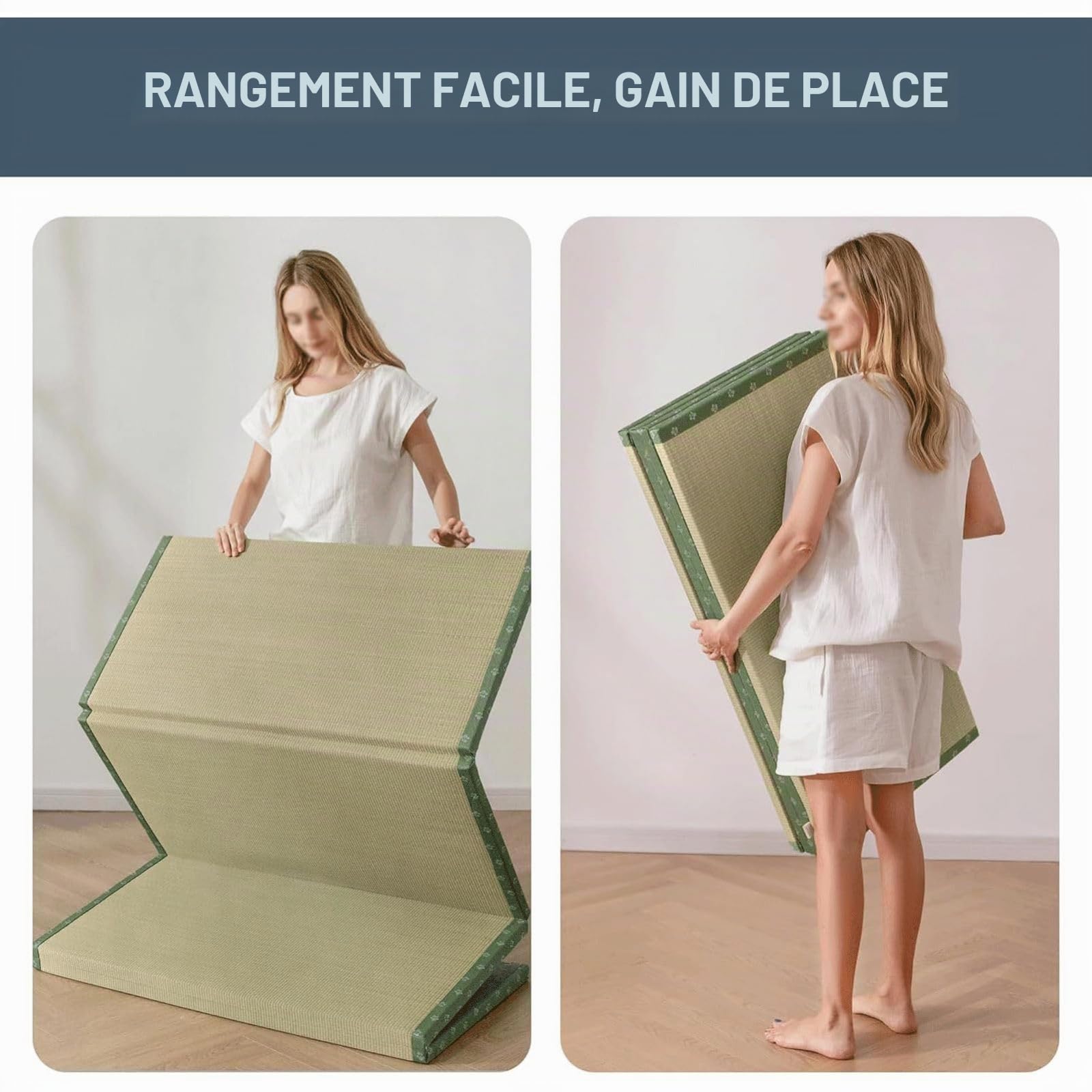 Tatami Matelas Japonais Pliable Naturel Jonc Herbe (Non Teint),Pliant Rotin Tatami Tapis,Antidérapant et Imperméable,4 Plis Méditation Yoga Zen (Size:90×200×3.5cm)