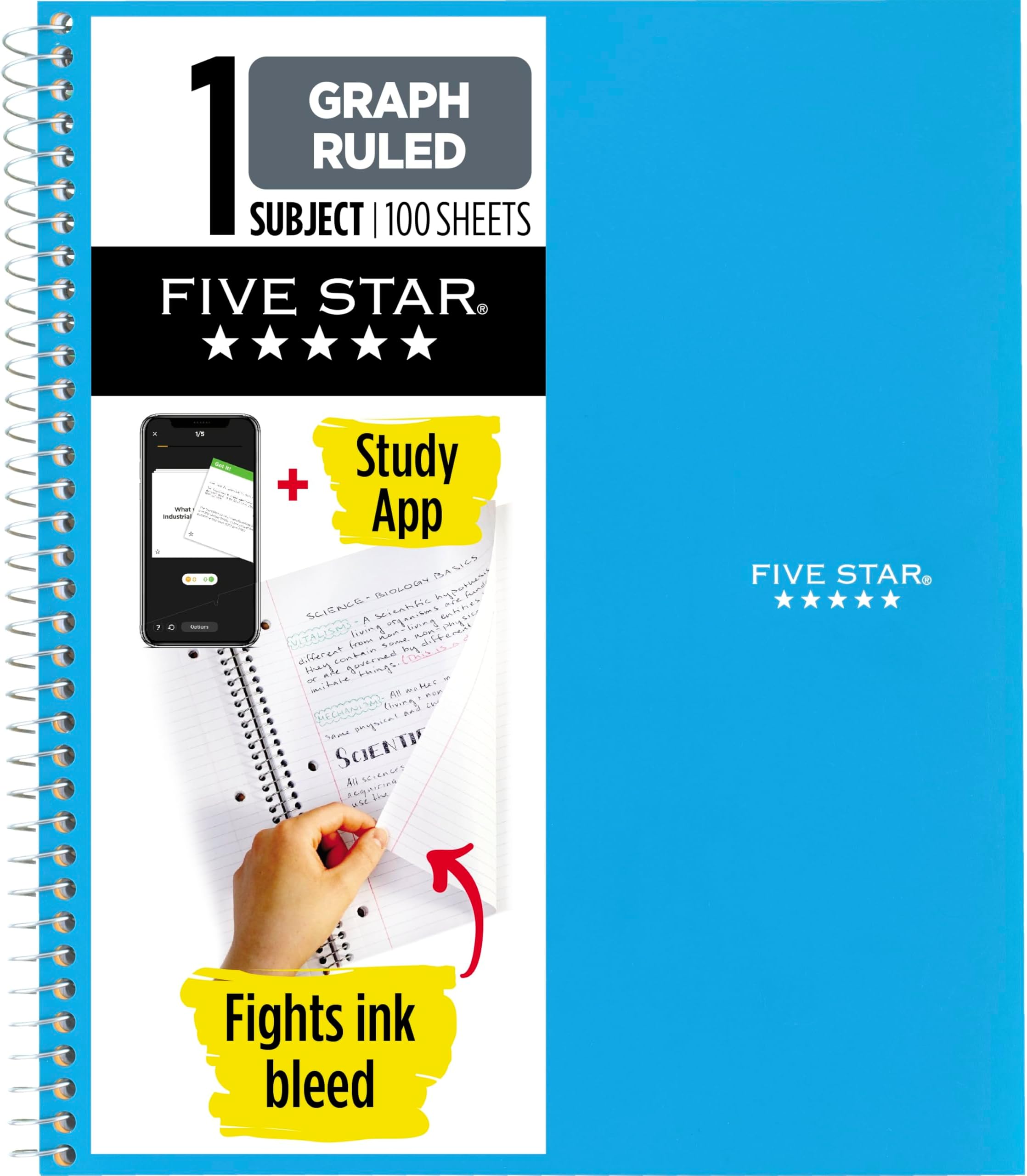 Five Star Spiral Notebook + Study App, 1 Subject, Graph Ruled Paper, 8-1/2" x 11", 100 Sheets, Fights Ink Bleed, Water Resistant Cover, Tidewater Blue (06190AA4)