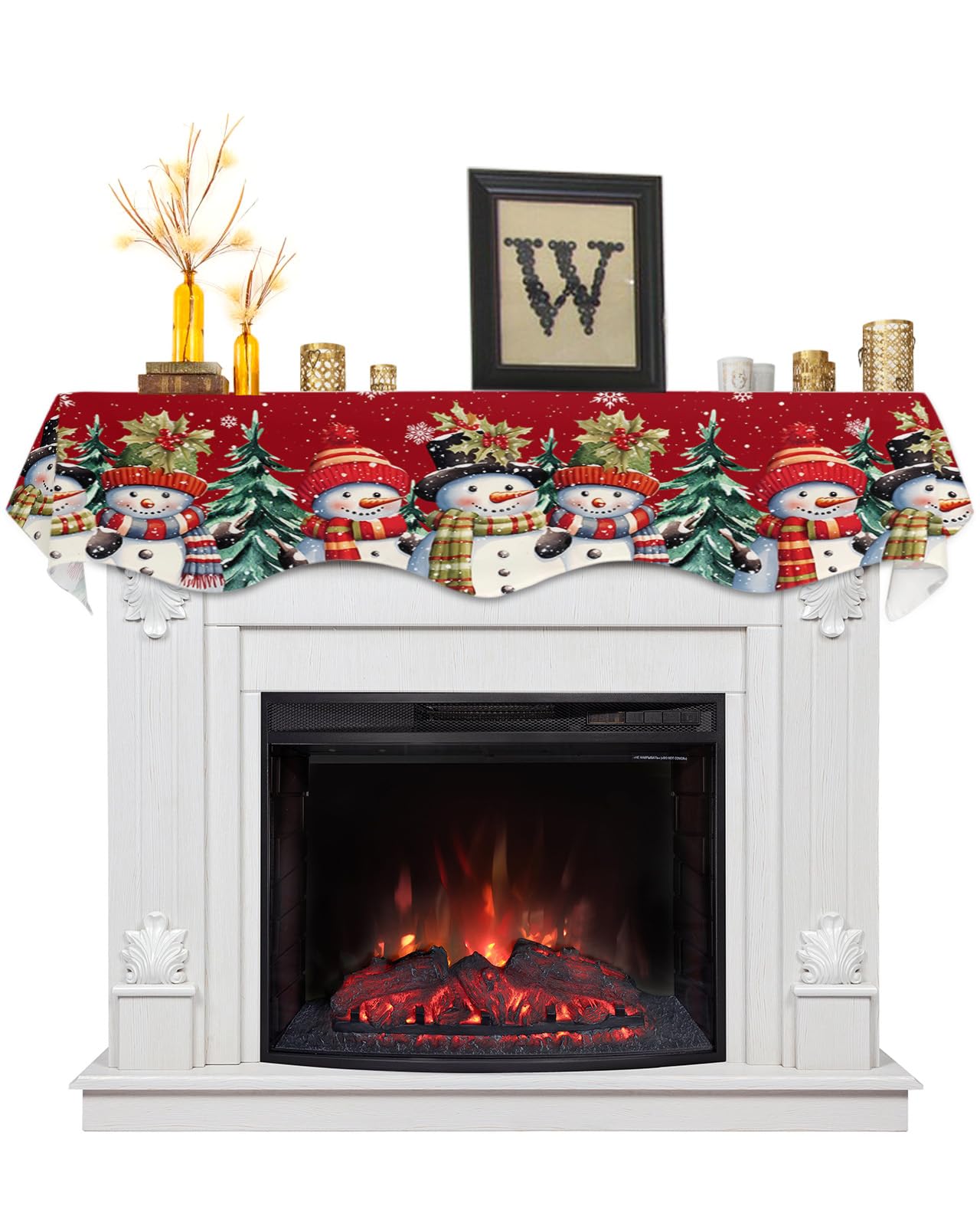 Christmas Mantle Scarf 60 x 17 Inch, Red Snowman Christmas Trees Fireplace Mantel Scarf Mantel Cover Runner for Christmas Holiday Seasonal Winter Xmas Decorations