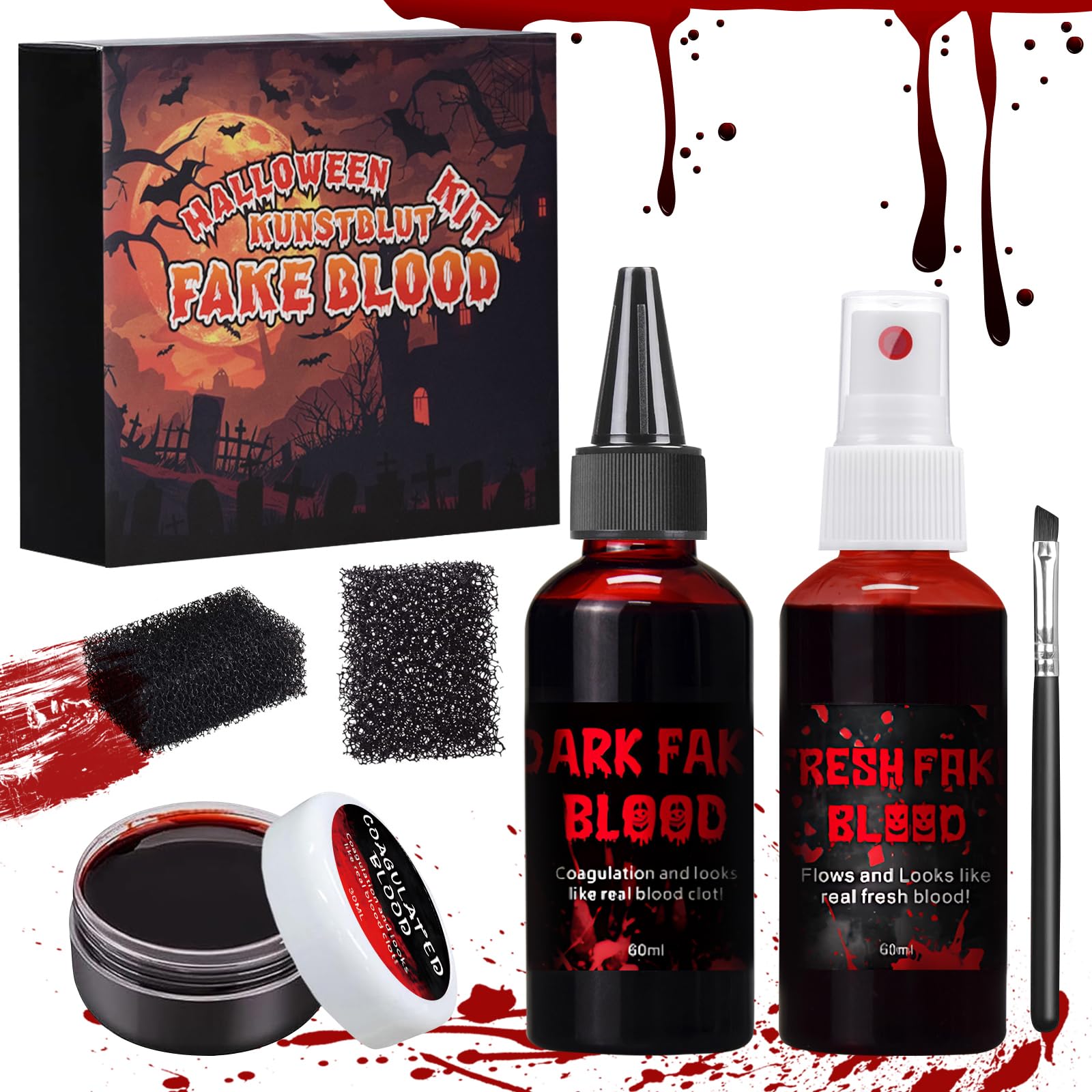 Halloween zestaw do makijażu ze sztuczną krwią, 60ml spray ze sztuczną krwią + 60ml kapiąca sztuczna krew + 30ml zakrzepłe osocze krwi + 2 gąbki + 1 pędzel do makijażu, sztuczna krew zmywalna do
