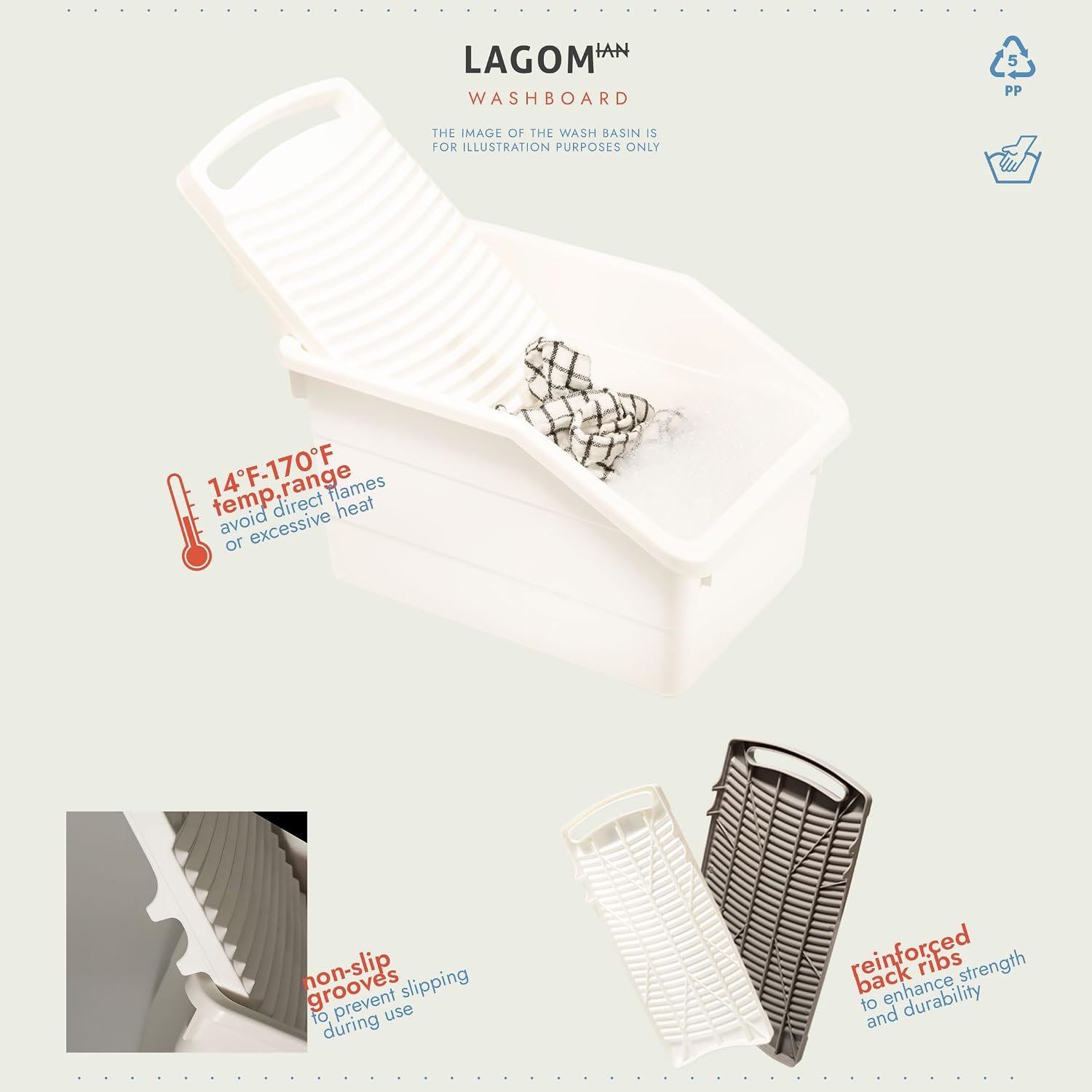 Made in Korea, Plastic Washboard for Hand Washing Clothes: Portable Laundry Scrub Board for Travel, Camping, and Kids Training, White, 14"x7.75" image 4