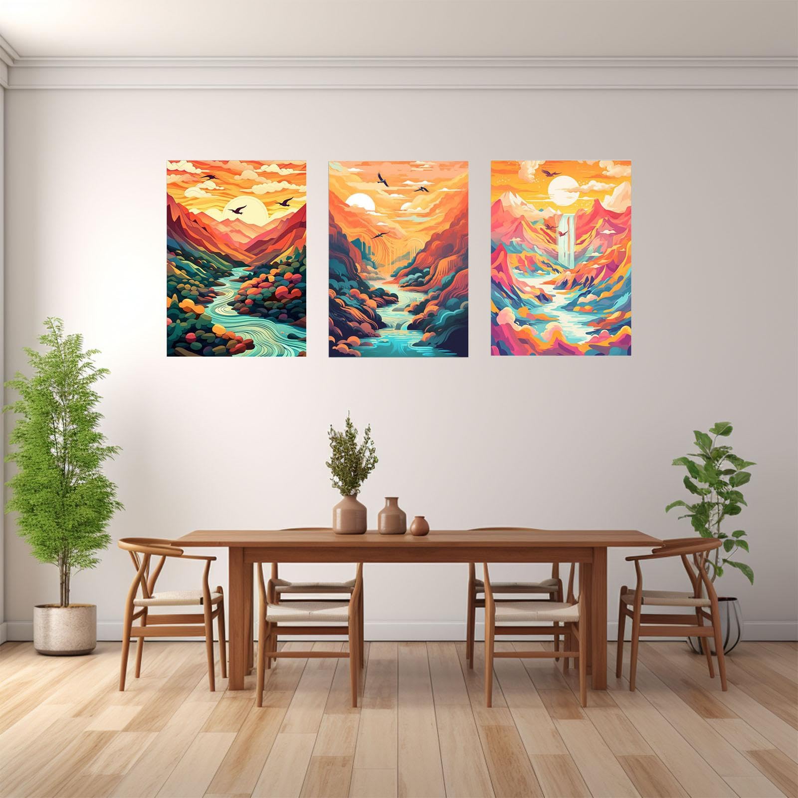 JOSUE Set de 3 Cuadros De MontañA Paisaje de nubes abstractas Lienzo,Naranja, azul Cuadro Cartel Sala De Estar Cuarto De BañO Comedor Decorativos-50x70cmx3 Enmarcado