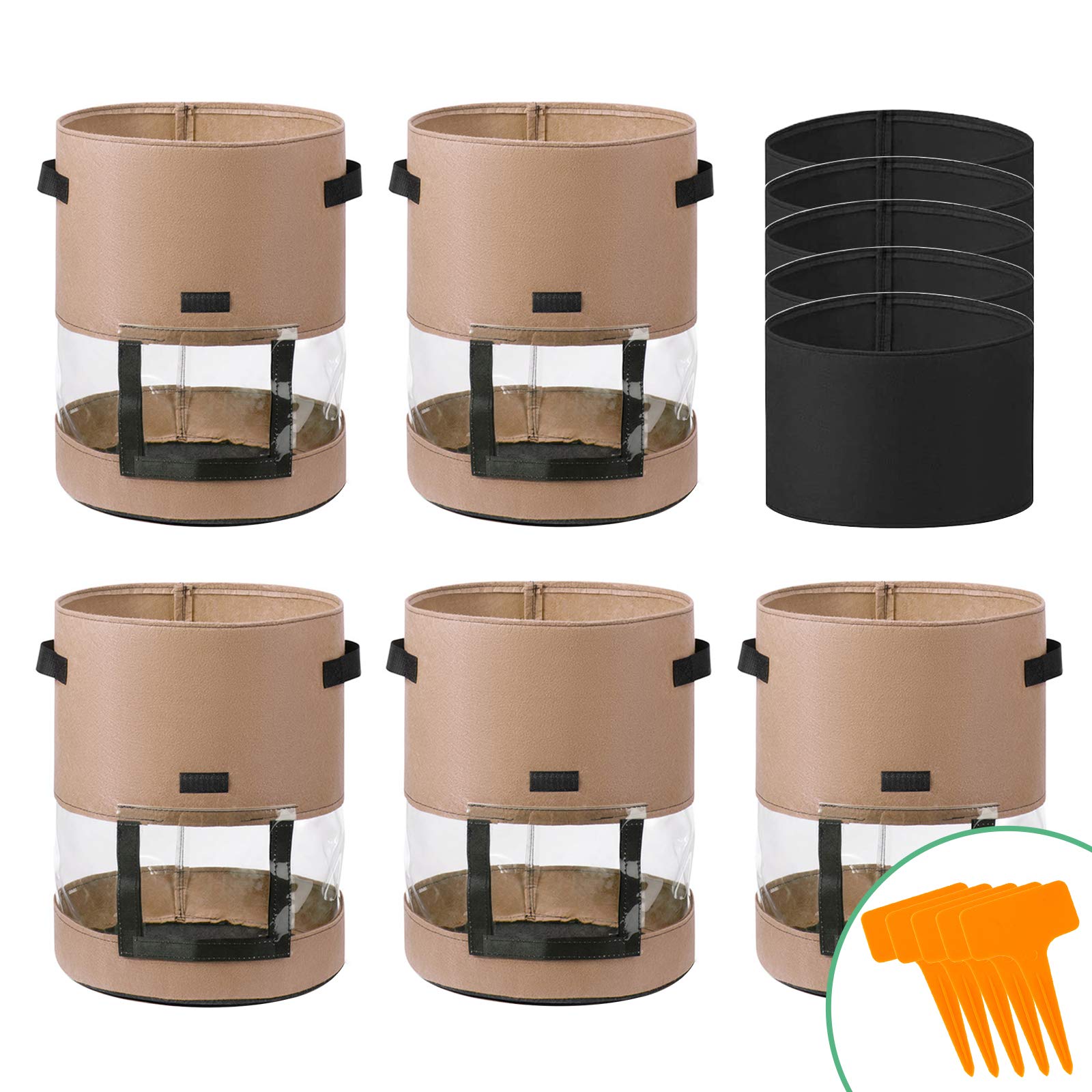 Bolsa De Cultivo De Plantas, Semillas Huerto Potato Mesa Cultivo，bolsa Transpirable Y Durable Maceta Macetas Para Fresas, Para Tomate Zanahoria Cebollas Ajos Para Siembra (10 galones-5pcs, marrón)
