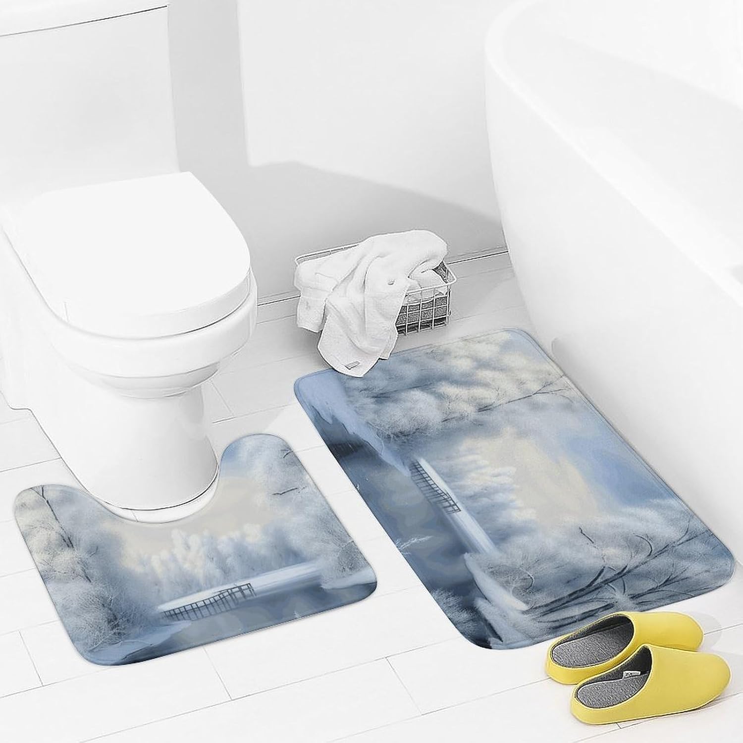 Bath Mat Set 2 Pieces Coral Velvet Bath Rug Non Slip Absorbent Microfiber Bathroom Rugs Quick Dry U-Shaped Toilet Rug Beautiful Winter Bathmat Washable Soft Carpet