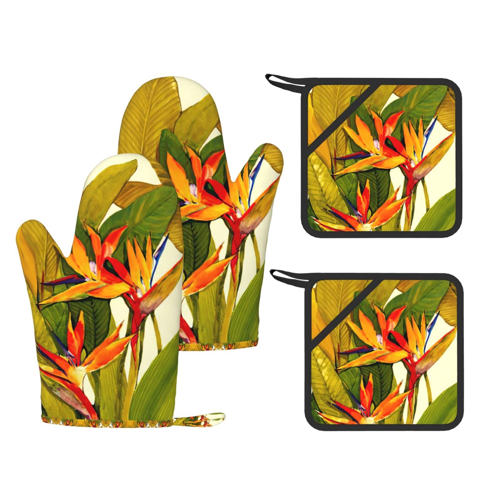 Tropical Bird of Paradise Printed Potholder and Oven Mitt Set of 4, High Heat Resistant Cooking Gloves for BBQ Grilling