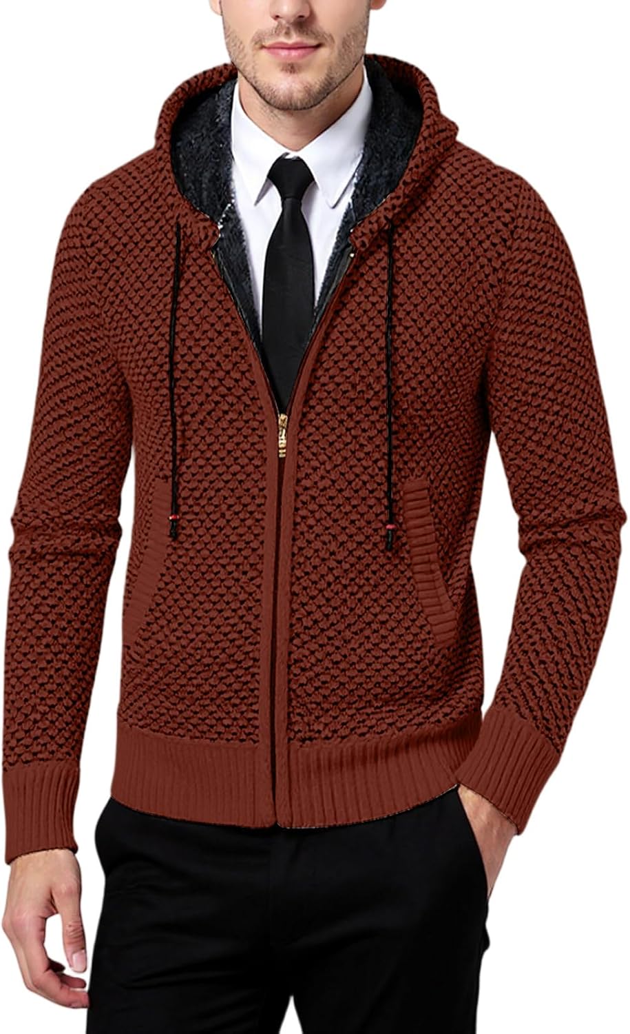 Mens Hoodies Knit Sweater, Full Zip Fleece Lined Cardigan Casual Regular Fit Knit Hooded Jacket, M-3XL