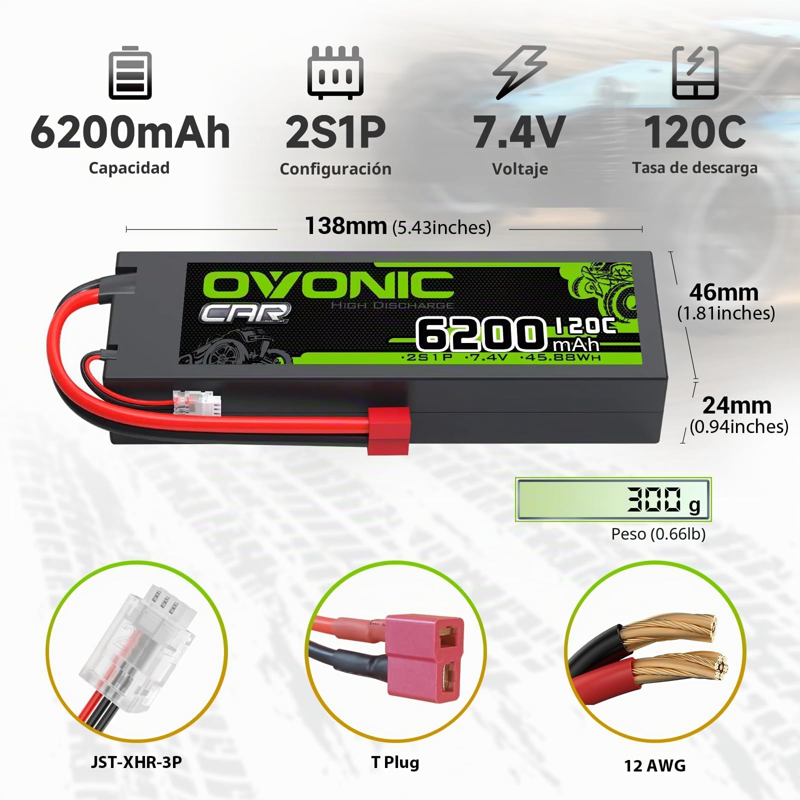 OVONIC 2s Lipo Batería 7,4 V 6200 mAh 120 C con conector T para RC Auto Truck Truggy Quadcopter Helicóptero Avión (2 unidades)