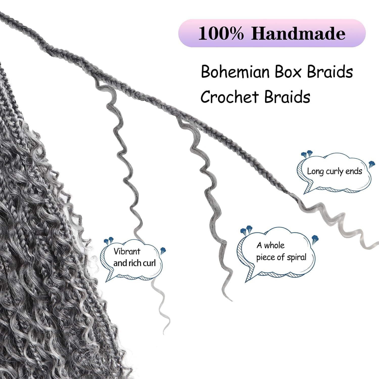 Boho goddess braids extensions hair for Black Women 22 Inch 8 Packs Bohemian Crochet Braids Hair Extensions with Curly Ends Boho Box Braids Crochet Hair (T-silvery-grey - Image 3