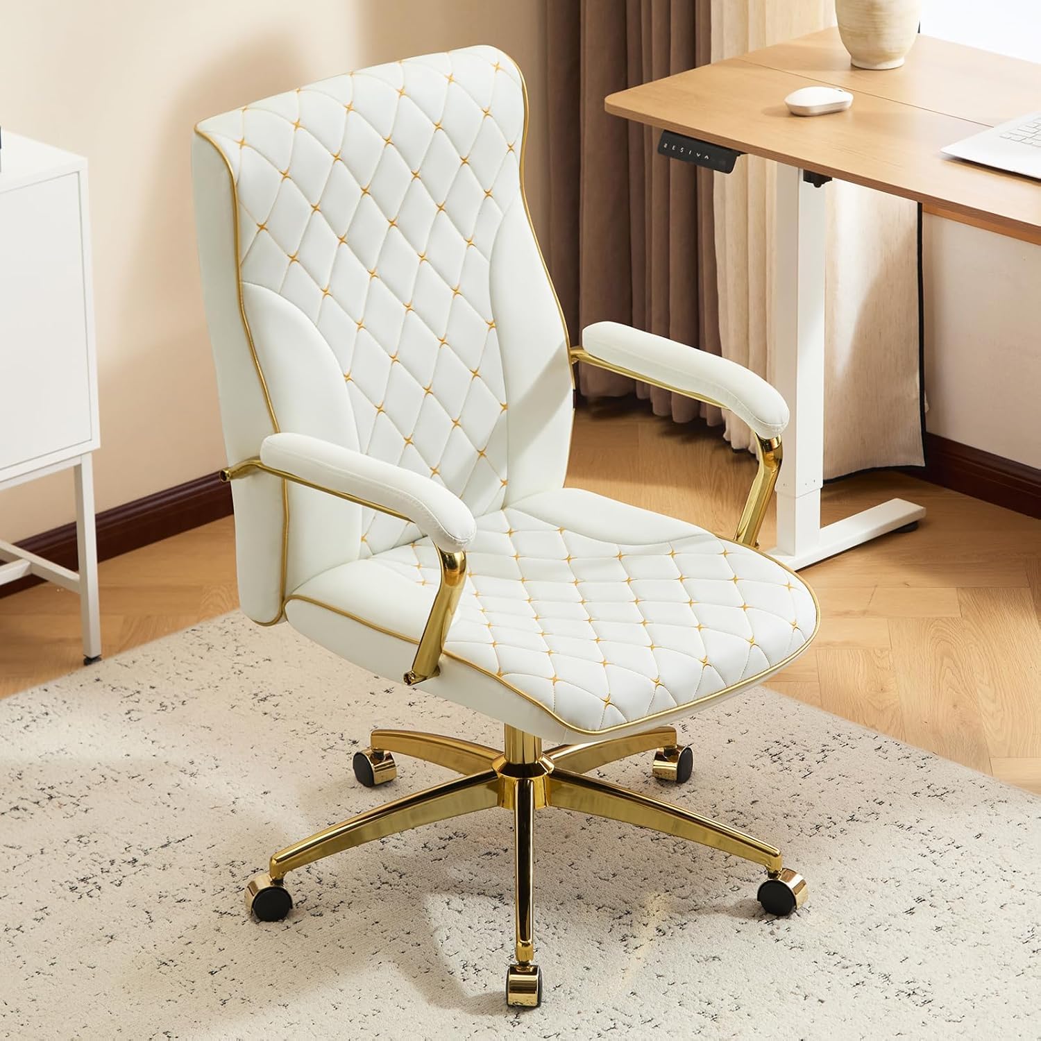 Sedia Ufficio Ergonomica, Poltrona Direzionale in Pelle PU, Sedia da Ufficio con Seduta Ampia, Sedie Scrivania Reclinabile Girevoli Altezza Regolabile 136kg, Bianco