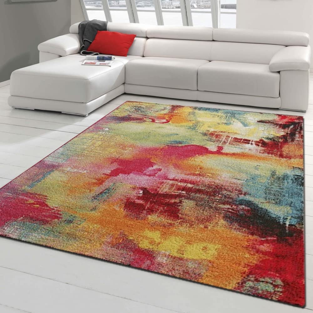 Teppich-Traum Tapis Moderne à Poil Ras • Œuvre d'art • Entretien Facile • Multicolore Orange Größe 200 x 290 cm