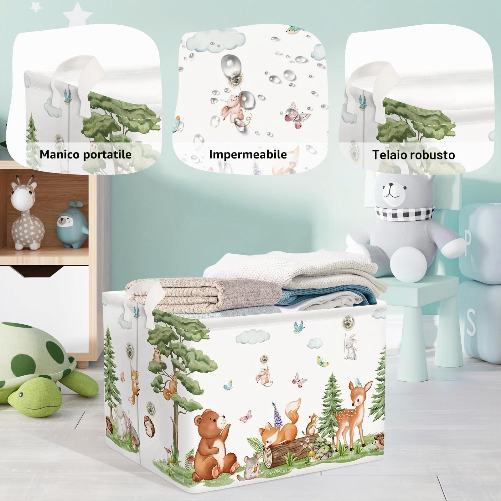 Grande Cesta Porta Biancheria Bambini Animali Foresta Orso Volpe Pieghevole Cestini Portaoggetti Giocattoli Vestiti per Bagno Cameretta, Scoiattoli, 36L