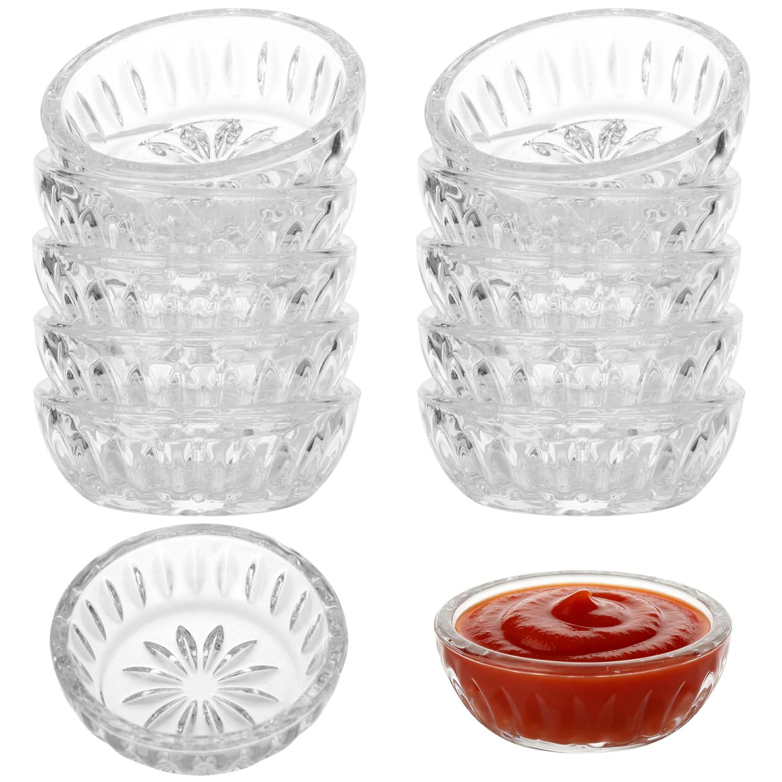 12 x Glas-Dip-Schüssel-Set, geprägte, runde Vorbereitungsschalen für Soßen und Gewürze, stapelbar, kleine Schalen für Küche, Party