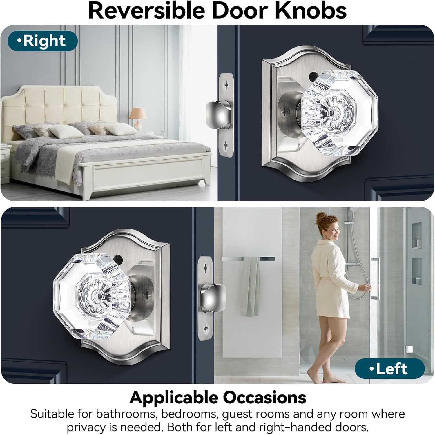 Crystal Door Knobs, 3 Pack Glass Door Knobs with Lock for Privacy Use, Satin Nickel Crystal Doorknobs Interior for Bedroom Bathroom, Modern Octagon Glass Doorknob