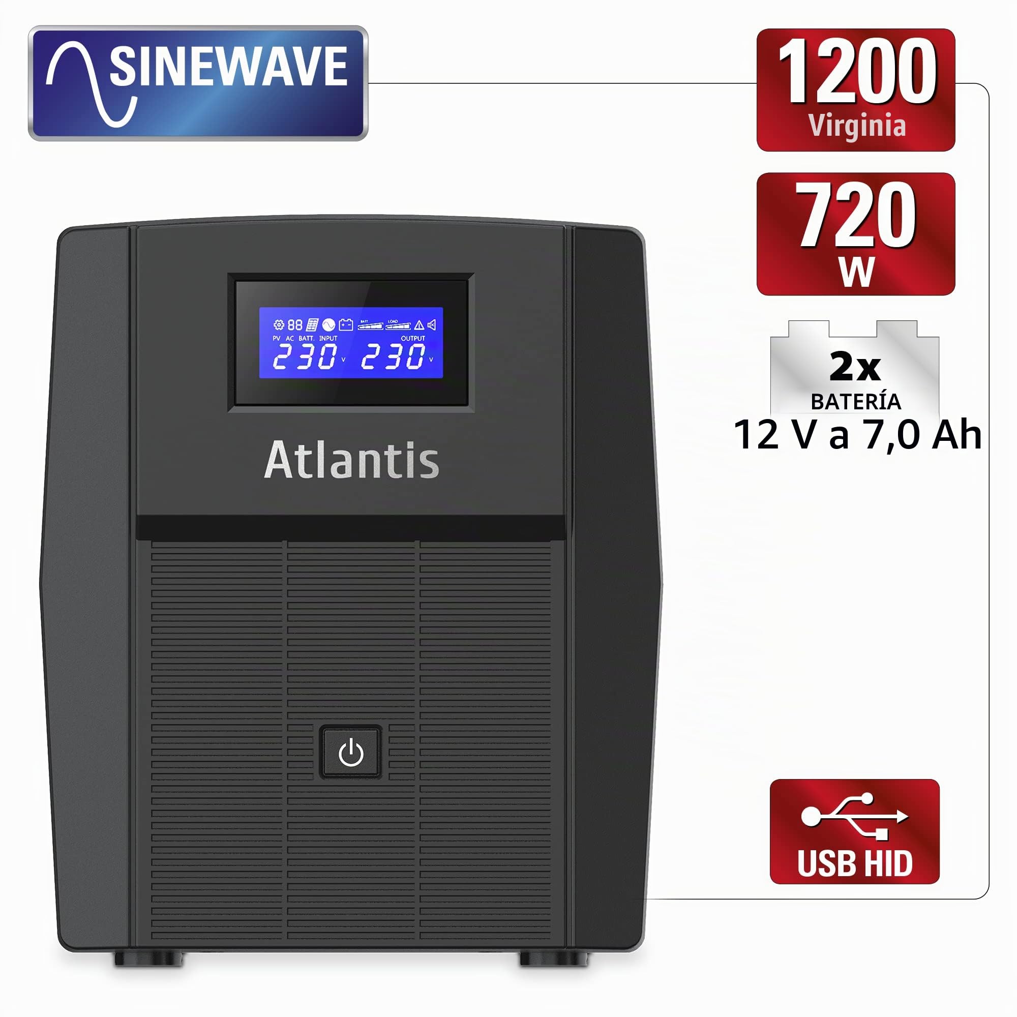 Atlantis A03-HP1503 Sistema de alimentación ininterrumpida Onda sinusoidal Pura 1200VA 720W Line Interactive, LCD, USB-HID, 3 IEC + 2 Schuko, protección RJ45,Cable de alimentación, 2 baterías 12V 7Ah