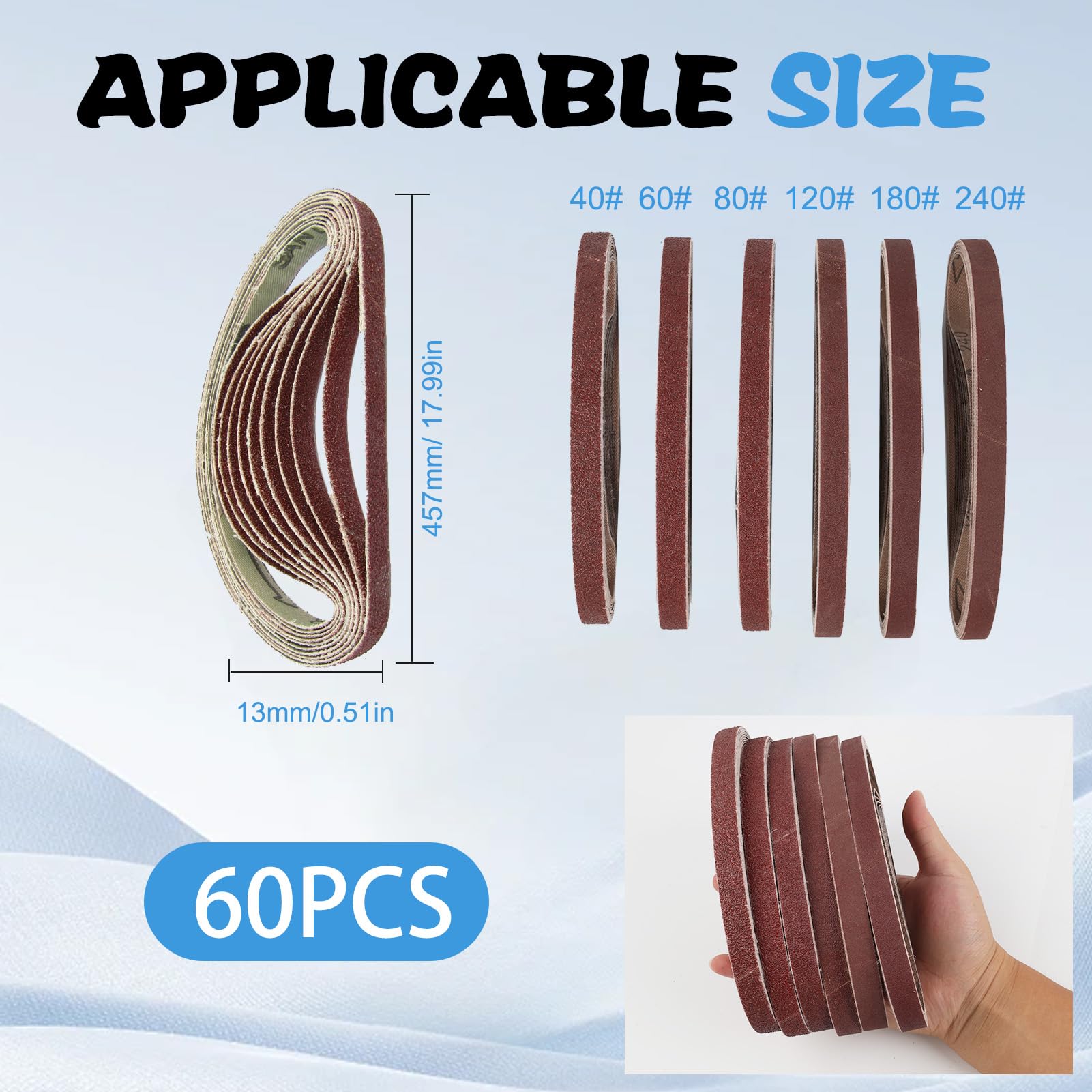 60 sztuk 13 x 457 mm, zestaw taśm szlifierskich, w tym 10 x ziarnistość 40/60/80/100/180/240, do szlifierek taśmowych, taśm szlifierskich, powłoka antyklejąca, do prac metalowych i drewnianych