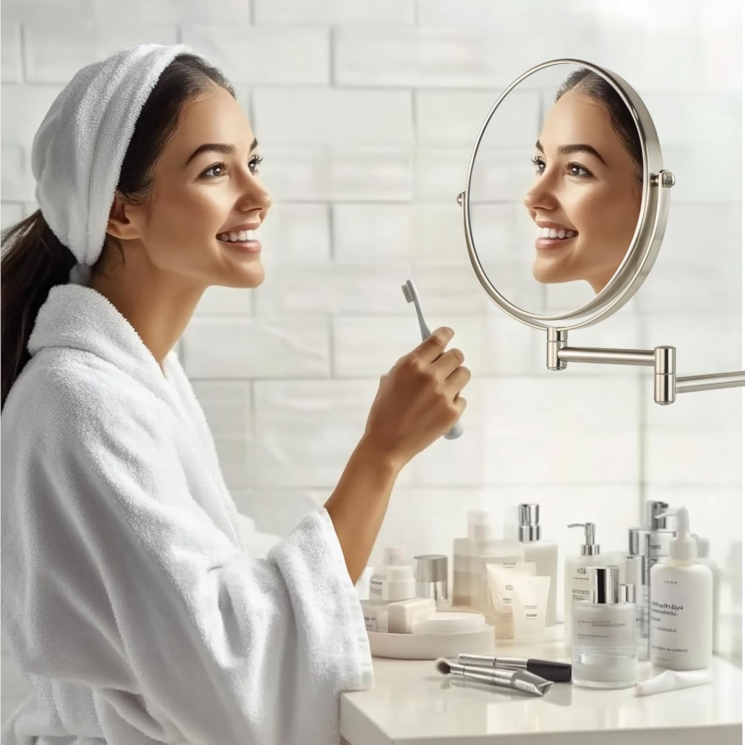 JANEEVA 8" Wall Mounted Makeup Mirror, 1X/10X Magnifying Mirror with 360° Extendable Arm Mirror for Bathroom-Double Sided Vanity Mirror for Man & Woman (Brushed Nickel)