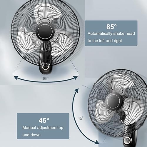 Miniatura 5 de Ventilador de montaje en pared de 20 pulgadas, 3 ajustes de velocidad/funciones de oscilación e inclinación/motor silencioso/activación del cable de