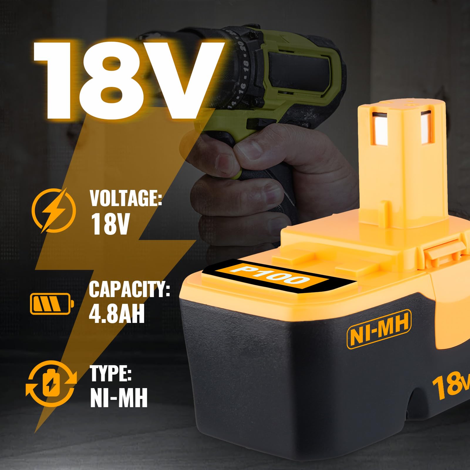 VANTTECH Upgraded to 4.8Ah Ni-Mh 18V P100 Battery Replacement for Ryobi 18V Battery P100 P101 ABP1801 ABP1803 BPP1820 Compatible with Ryobi 18 Volt Tools 130224028 130224007 2 Pack product thumbnail 3