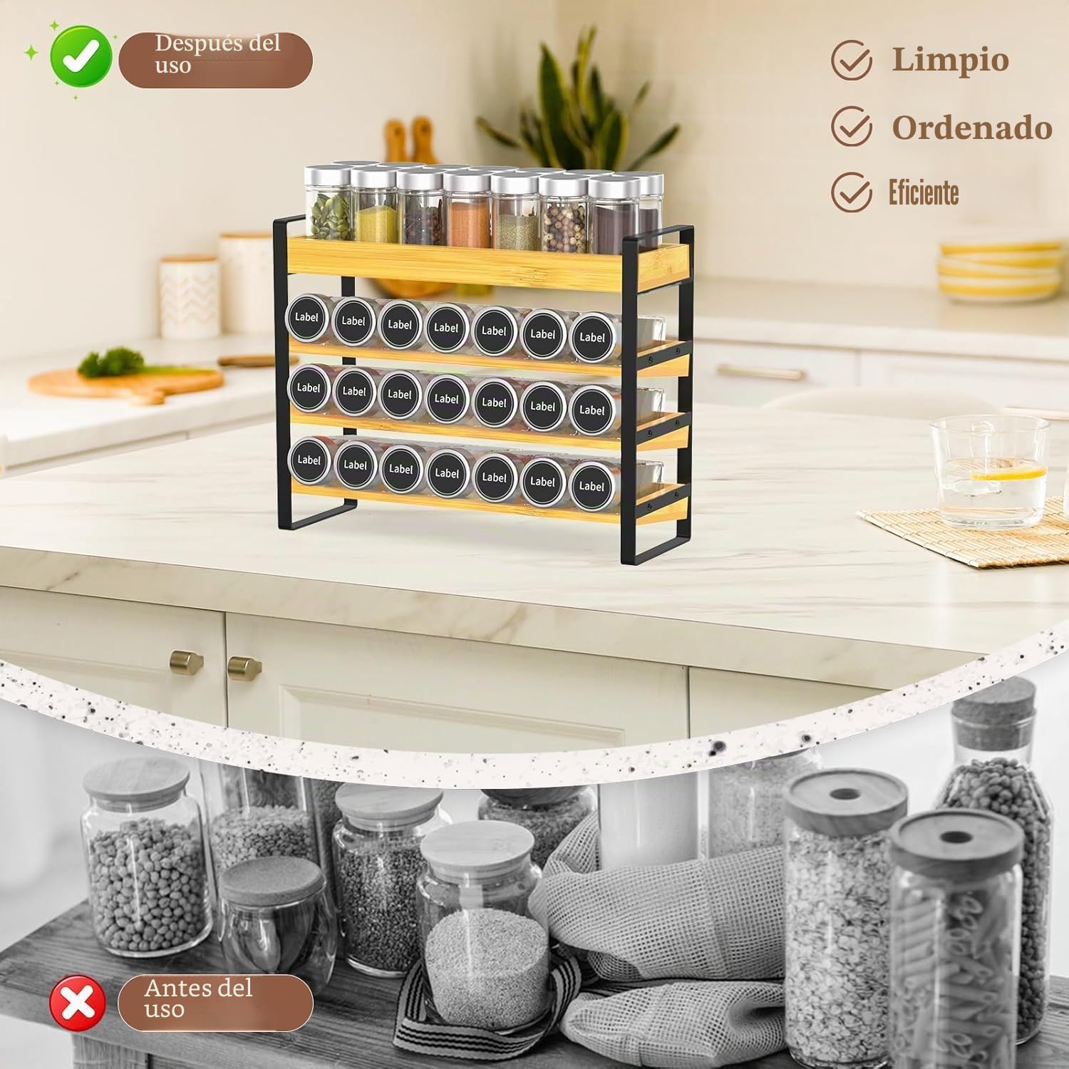 Especiero de Madera de 4 Niveles, Especiero de pie, para 35 Botellas de Especias (Vidrio no Incluido) para Cocinas, armarios, despensa, encimera, Organizador Especias.