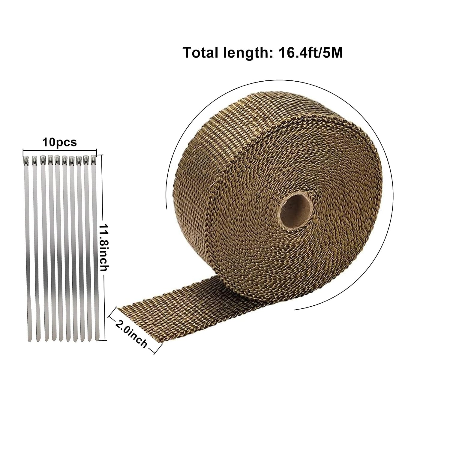 Exhaust Heat Wrap Roll, Exhaust Header Wrap Tape Fiberglass Heat Shield Tape with 10pcs Self-Locking Stainless Steel Zip Ties for Motorcycle Car Truck (Golden-16.4ft/5M)