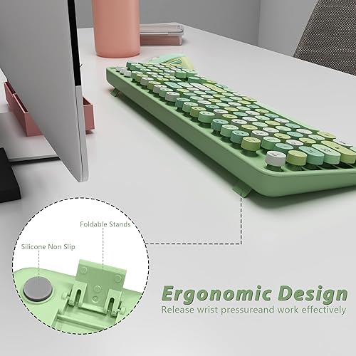 Miniatura 9 de Combo de teclado y mouse inalámbricos, lindo y colorido de 104 teclas de máquina de escribir retro redondas teclado para PC portátil, ventanas,