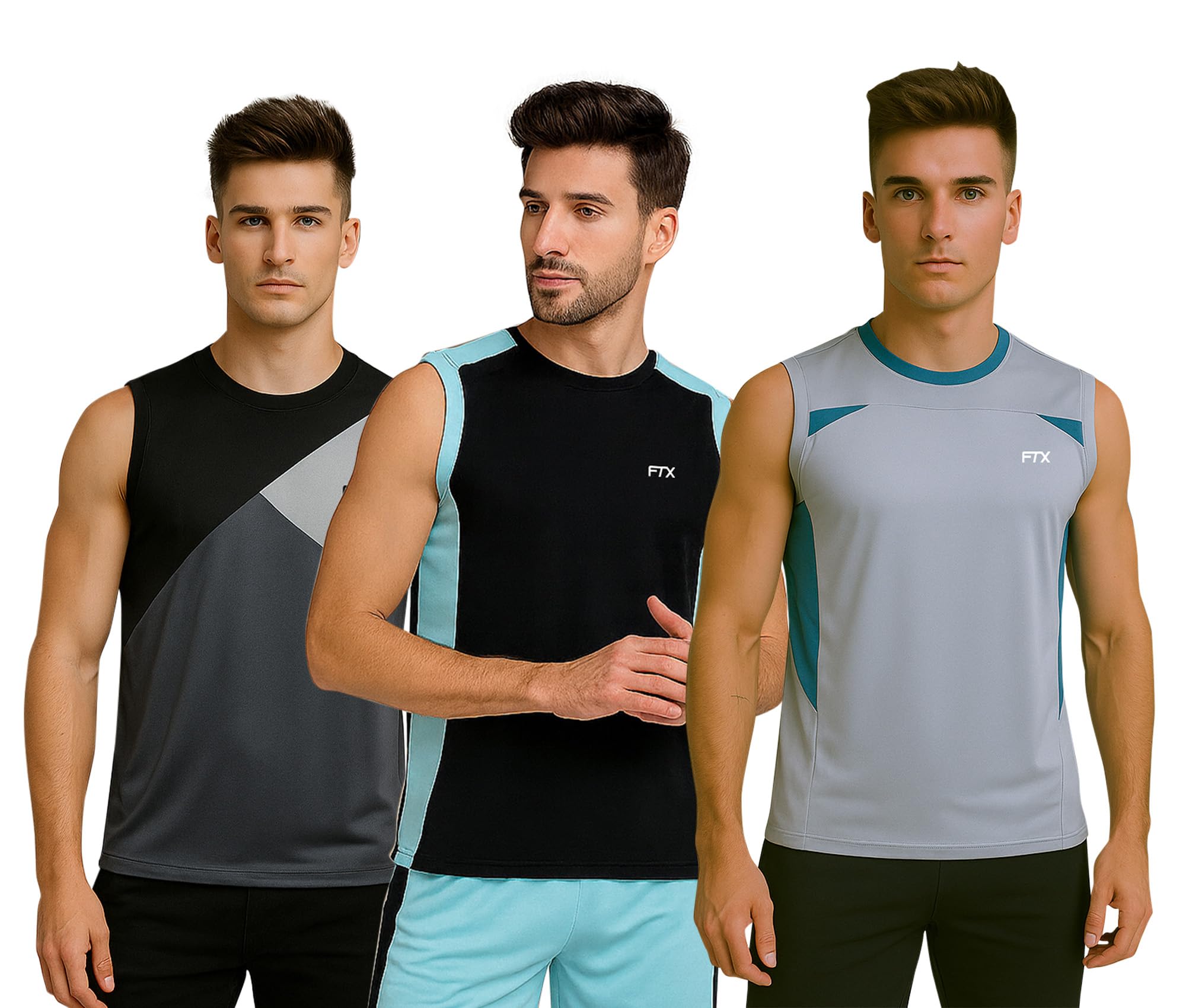 ftx Drifit Round Neck Colorblock Sleeveless Activewear Sports Casual Tshirt for Men (Pack of 3)-picture-15