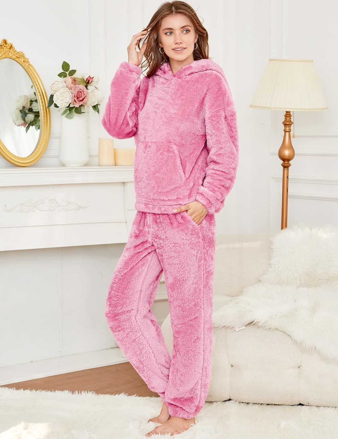 COZYPOIN Women's Fuzzy Pajamas Sets Hooded Bear Ear Fluffy Fleece Loungewear Sleep Pullover Top Pants 2 Piece Outfits Pockets Light Pink XX-Large