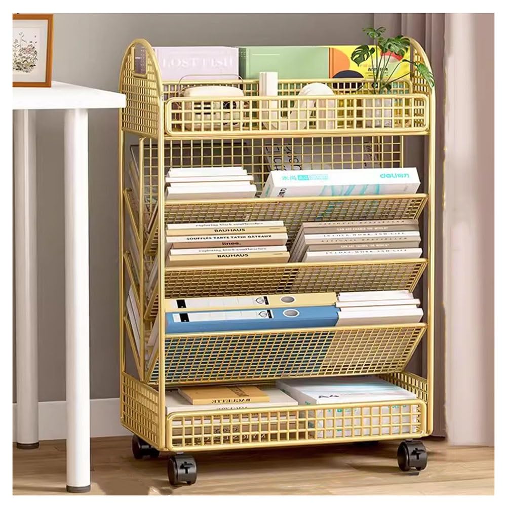 Estantería móvil dorada de 5 niveles para revistas y mesa auxiliar de 42x23x65 cm